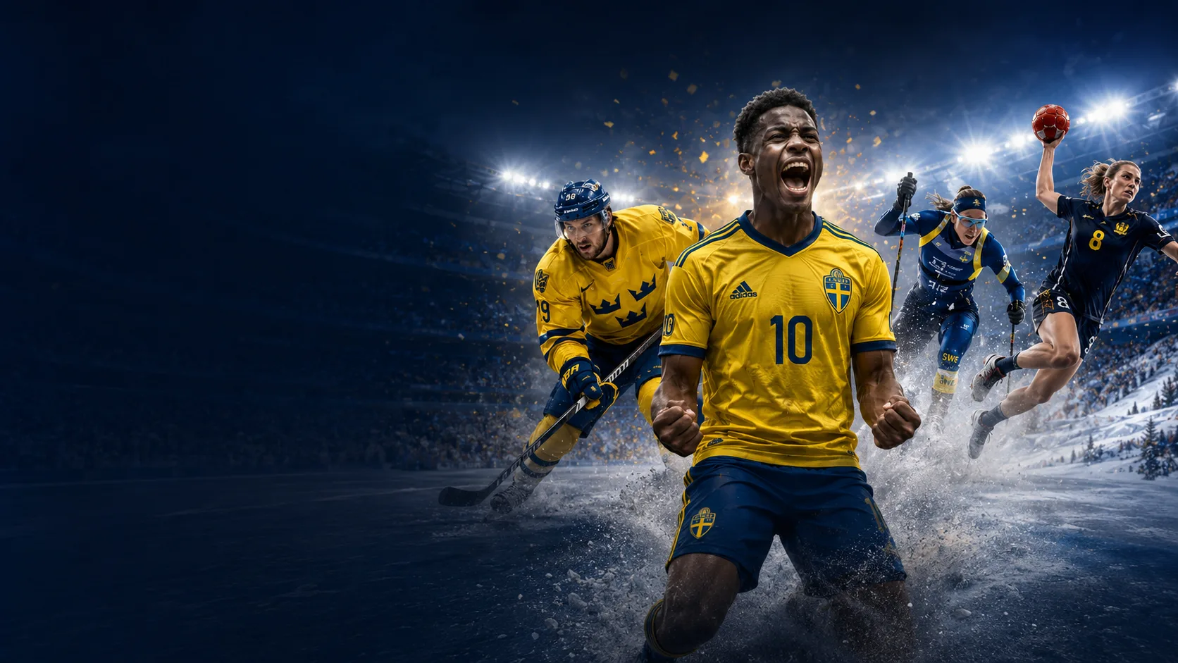 Svenska hockeyspelare firar mål i en fullsatt arena